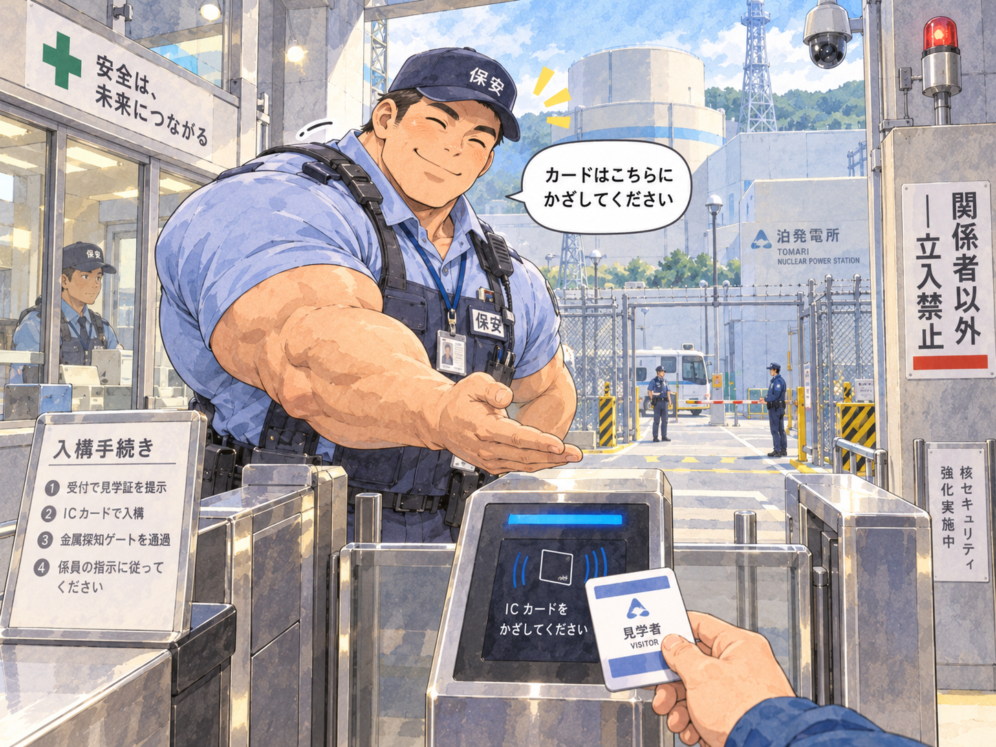 にこやかな保安員さんの印象をAIで。実際の人物を正確に再現したものではありません。