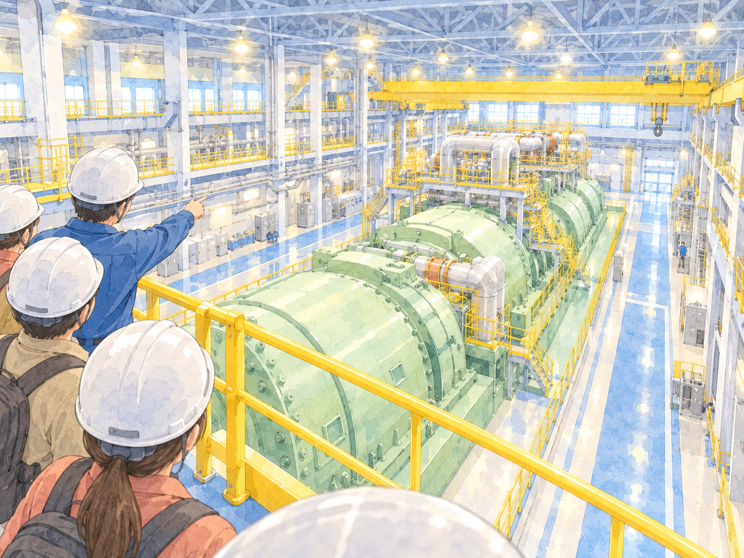 泊発電所のタービンをテラスから見下ろした印象をもとにしたAIイメージ。実際の設備配置とは異なります。
